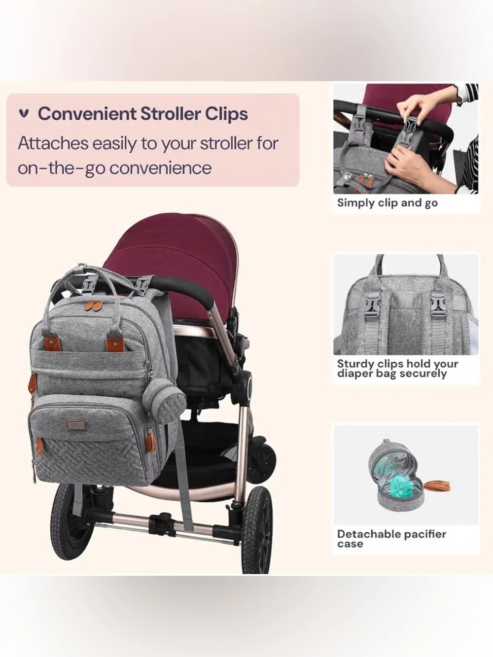 NWT - BabbleRoo - Gray Quilted Baby Diaper Backpack with Tan Accent Trim